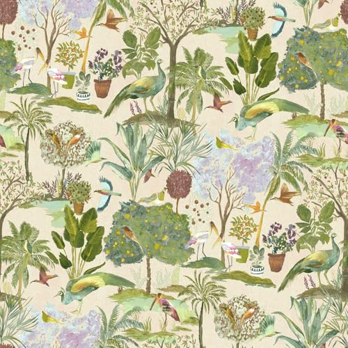 World of Wallpaper Paradise Garden, Matte, Multi/Neutral (WOW178) | Easy to apply wallcovering, Birds, Trees, Florals, Hallway, Cloakroom, Bedroom, Living Room (10.05m x 53cm roll)