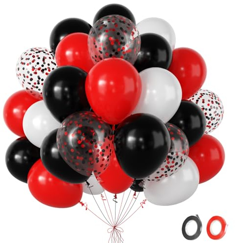 Luftballons Rot Weiß Schwarz, 60Pcs Rote Weisse Ballons mit Metallic Konfetti Balloons, Stranger Helium Casino Ballons für Graduation Abschluss Deco Geburtstag Hochzeit Valentinstag Babyparty, 12 Zoll