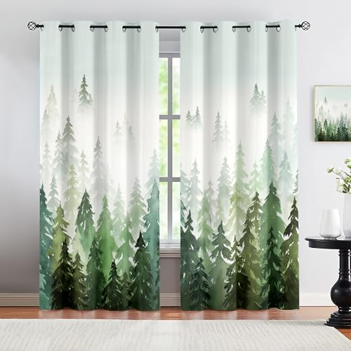 Wald Vorhänge Wasserfarbe Design,Watercolor Pine Forest Gardinen Naturmotiv Blickdicht Verdunkelungsvorhang mit Ösen, Skandinavisch Nordic Wohnzimmer Schlafzimmer,Grün 2er Pack 107x114 cm