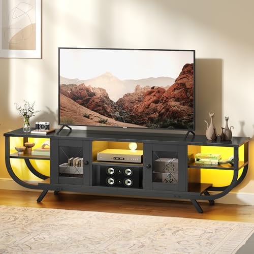 YITAHOME Industrial 160cm TV Stand Cabinet with LED Lights,TV Unit with Storage Cabinets & Open Shelves, Metal Frame TV Cabinet Fits Up to 70 Inch TV for Living Room,Black