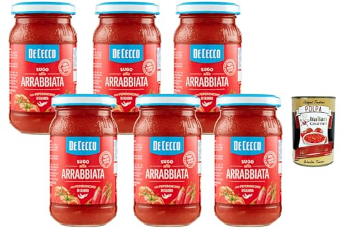 Italian Gourmet bundle für scharfe Pasta – De Cecco Sugo all’Arrabbiata 6x200g Glas, italienische Tomatensauce mit Chili, fertige Pastasauce + Italian Gourmet polpa