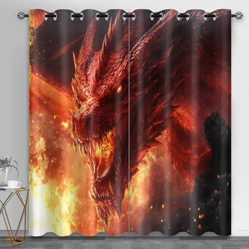 HYGIUID Dragon Raumteiler-Vorhänge, Drachen-Vorhang für Kinderzimmer, Fantasiewesen, wärmeisolierte Vorhänge zum Schutz der Privatsphäre, 168 x 138 cm, 2 Paneele