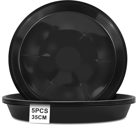 vsshe Plant Saucers 5 Pack, 35cm Round Plants Pots Trays, Heavy Duty Garden Plant Saucer, Plants Plastic Plate Pot Tray, Flower Pot Drip Trays for Indoor and Outdoor Plants Black