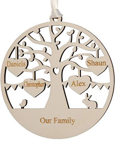 Alphabet barn Personalised Family Tree Gift Hanging Decoration Present Keepsake For Mum Grandma Friend Huband Wife Anniversary Engraved Wood Plaque 12.5cm (4 names/hearts)