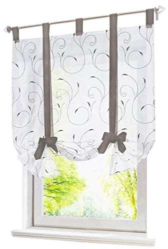 Raffrollo mit Stickerei Band Raffgardinen Voile Transparent Schlaufen Vorhang (BxH 100x140cm, Grau)
