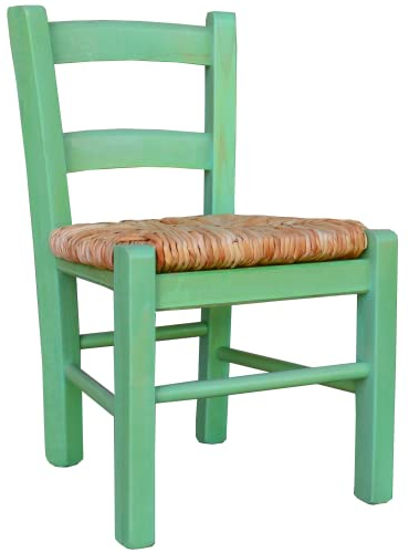 SEDIOLINA BABY IN LEGNO CON SEDUTA IN PAGLIA, sedia per bambino (Verde, Faggio)