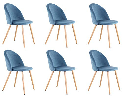 BenyLed Lot de 6 Chaises de Salle à Manger Rembourrées avec Dossier en Velours Doux et Pieds en Métal de Style Bois (Bleu)