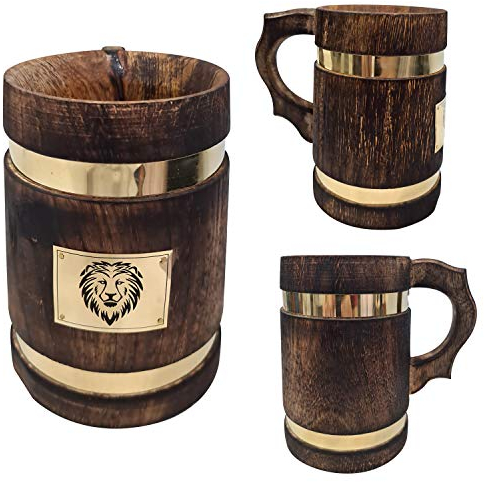Boccale di birra in legno con leone placcato logo metallico legatura birra boccale caffè tazza Stein