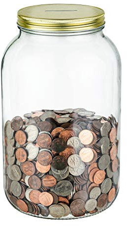 Mason Large Coin Bank with Slotted Gold Lid - Holds Up to $3,000 in Quarters - 1 Gallon Glass Money Jar for Piggy Bank, Tips, Raffle Tickets & Donations - Made in USA