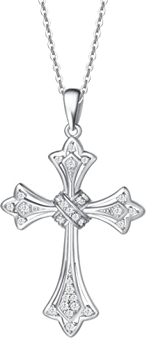 FANCIME Damen Halskette mit Gotik Kreuz Anhänger Kette aus 925 Sterling Silber Weißgold Plattiert mit Funkelnde Zirkonia Schmuck für Frauen Kinder - Verstellbar Kettenlänge: 40 + 5 cm