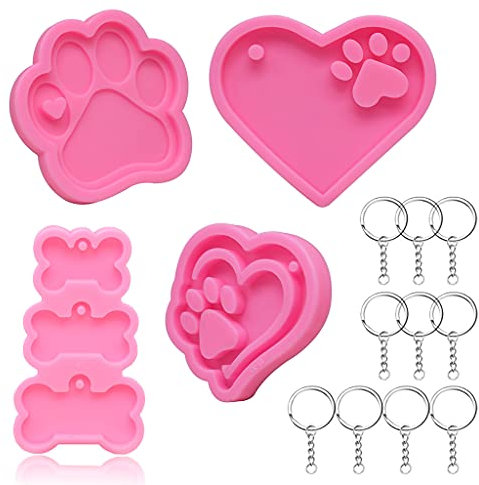 4 pièces chien patte moules en silicone avec 10 pièces porte-clés coeur chien patte chien os forme résine époxy moule bricolage artisanat bijoux pendentifs moulage moule