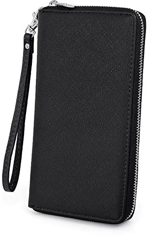 UTO Portefeuille Femme Porte Cartes 18 Fentes Grand Capacité Pochette Fermeture éFoncé avec Bracelet Synthétique Noir