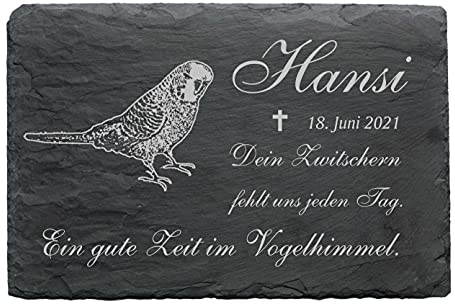 DEKO-LANDO Wellensittich Schiefer Tiergrabstein Gedenktafel - mit Wunschgravur Name Datum 22 x 16 cm
