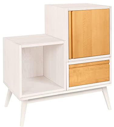 BioKinder Stufenkommode Stufenregal Beistelltisch Laura offen, mit Tür und Schublade aus zertifiziertem Massivholz Kiefer Naturweiß lasiert und Erle geölt. B 80 cm x T 40 cm x H 82/62 cm