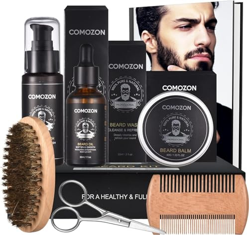 comozon Kit de Soin Barbe Homme, avec Huile, Shampoing & Crèmes | Idéal Cadeau pour Homme et Père, Kit Entretien Quotidien avec Peigne Barbe, Brosse à Barbe, Ciseaux Barbe