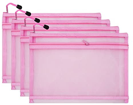 scicent Large Clear Pencil Case 4 Pcs Big A5 Size See Through Strong Mesh Translucent Suitable for Exams Student Supplies Stationary Storage, A5, Pink