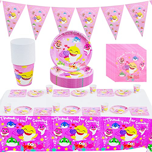 Decorazione di Compleanno 62 PCS, Set Stoviglie, Tovaglia, Piatti, Tazze, Tovaglioli, Festa di Compleanno, Decorazione di Compleanno per Bambini (Rosa)