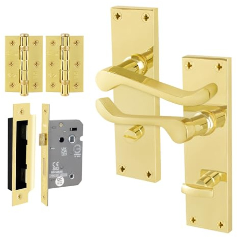 EAI Polished Brass Door Handles with Bathroom Lock 80mm and Hinges | Complete Bathroom Kit with 1 Pair of Victorian Scroll Lever Door Handles, 80mm Bathroom Lock, Hinges, Fixings Included