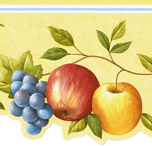 CONCORD WALLCOVERINGS ™ CN76717DC Tapetenbordüre, Obstmuster, Birnen, Äpfel, Pflaumen, Trauben auf Weinrebe, gestanzte Kante für Küche, Bauernhaus, Cremegelb, Grün, Lila, 4,5 m x 11,9 cm