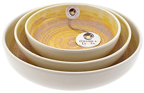 CERÁMICA ESPAÑA | Ensaladera cerámica | Ensaladeras originales | Ensaladeras decoración Arena Amarillo Conjunto x3 - Modelo M03 | Decoración 100% hecho a mano | 27x27x6 + 22x22x6 + 18x18x5.5 cm