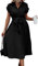 ASOMI Sommerkleid Damen Hemdkleid Kurzarm: Elegant Kurzarm Strandkleid Büro Wickelkleid Mode Tasche Hemdblusenkleid Lässig Blusenkleid Midikleid Knopf Plisseekleid V-Ausschnitt Gürtel B-Schwarz XL