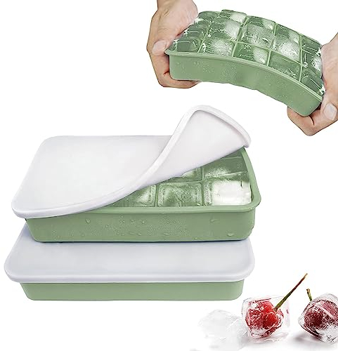 Eiswürfelform Silikon Eiswürfelbehälter mit Deckel 15-Fach 3cm Quadratische Eiswürfel Ice Cube Tray für Whisky, Cocktails Matcha Grün, 2 Stück