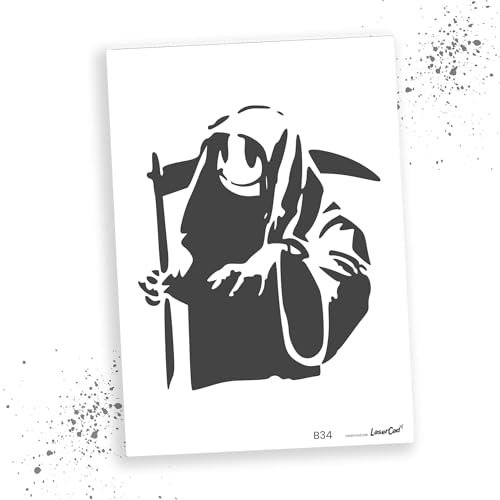 LaserCad Schablonen BANKSY Streetart (B034, Happy Smile Face Death, DIN A6) Stencil für Graffiti, Airbrush, Kunst, Deko, zum Malen