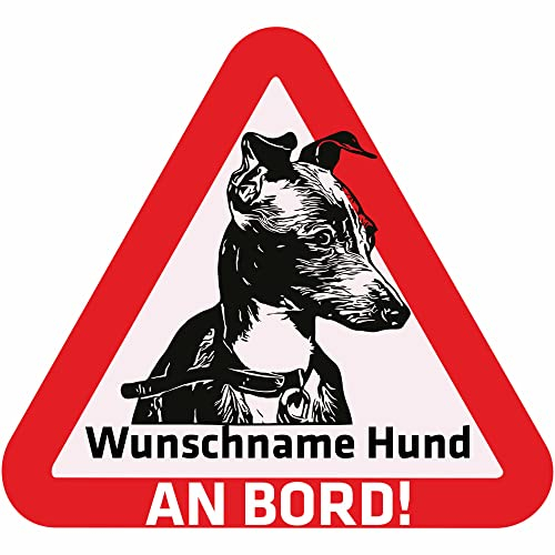 Indigos UG - Autoaufkleber selbst gestalten Namensaufkleber Hund 15 cm - Greyhound Windhund - Sticker mit Name & Wunschtext personalisiert selbstklebend - Motorrad - LKW - Heckscheibenaufkleber