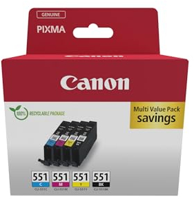 Canon CLI-551 C M Y BK Vorteilspack 4 Tintenpatronen (Schwarz, Cyan, Magenta, Gelb) Original [Umweltfreundliche Recycle-Kartonverpackung 2024 mit Diebstahl Sicherungsetikett]