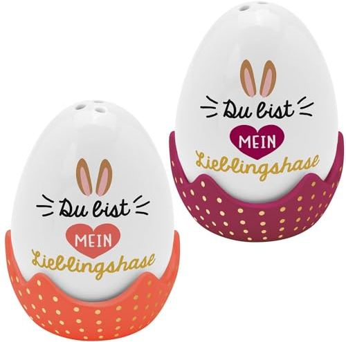GRUSS & CO 48584 Lot de 4 coquetiers avec salière et poivrière en forme d'œuf et 2 coquetiers Coffret cadeau Motif lapin préféré