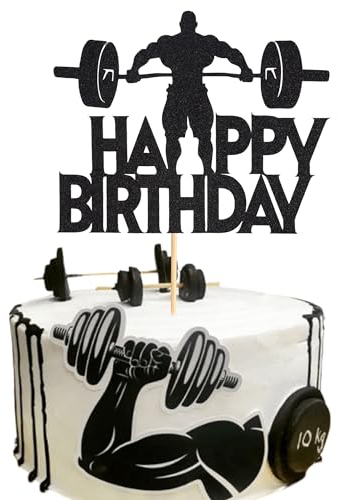 Arthsdite 1Pc Fitness Cake Topper - Gym Themed Weight Lifting Lover's Athlete Body Builder Sport Weightlifting Happy Birthday Party Decoration Fitness Enthusiast - Black Glitter