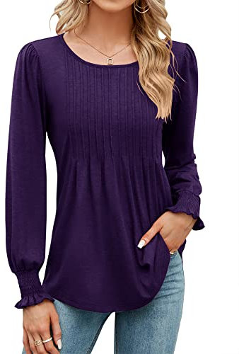 Rapbin Womens Floral Blouses Long Sleeve T Shirt Loose O Neck Tops Pleated Tunic Tops Ladies Shirts Purple L