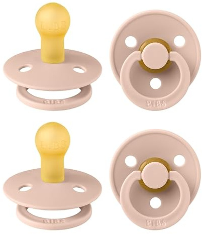 BIBS Colour Dummy, 0-6 Months, 4-Pack, Round Teat, Blush | Natural Rubber Latex | Size 1 | BPA-Free | Made in Denmark | High Teat Acceptance | Airflow Holes | Comfort Shield