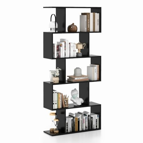 COSTWAY S-Shaped Wooden Bookcase, 5/6 Tiers Freestanding Storage Shelf, Home Office Industrial Decorative Bookshelf Display Stand Rack (Black, 70 x 24 x 158 cm)