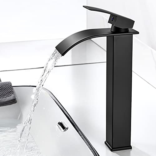 Coleniny Robinet Salle de Bain Cascade Noir, Moderne Robinet Lavabo Noir Haut Cascade, Mitigeur Lavabo avec Bec Hauteur 232 mm, Robinetterie Carré en Laiton Eau Chaude et Froide Disponible G 3/8