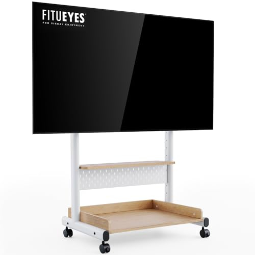 FITUEYES TV Floor Stand on Wheels for 40-85 Screens, Rolling TV Stand Cart with Peg Board, Height Adjustable, Lockable Casters & Storage Shelf, Holds 60kgs, White & Oak, K Series