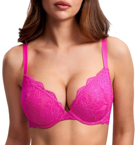 DOBREVA Femme Soutien Gorge Push Up Dentelle avec Armatures Plongeant Rembourré Moulé Rose Pailleté 85B