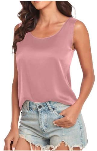 MODSGUE Canotta in raso da donna, elegante, senza maniche, con scollo rotondo, in raso, camicetta estiva, Colore: rosa., XL