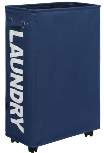 DOKEHOM 25-Inches Slim Panier à Linge sur Roulettes, Panier à Linge Roulant Pliable, Rangement d'angle étroit Pliable (Bleu foncé)