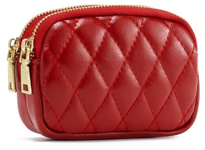 QIUTIMIY Borsa piccola in pelle da donna Portamonete portamonete con doppia tasca con cerniera con portachiavi,Rosso trapuntato
