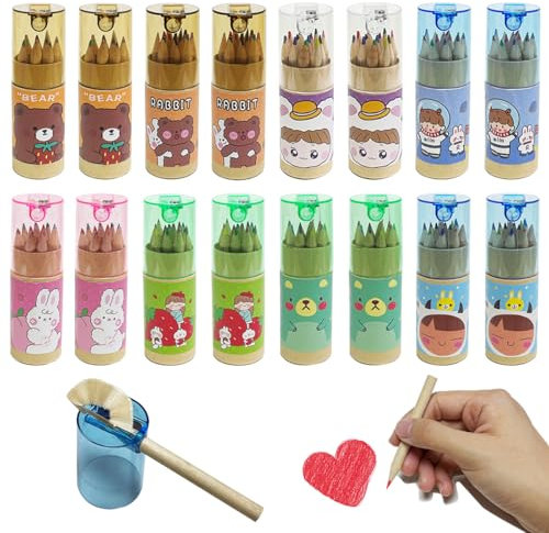 XingyLi 16 Pack Buntstifte Set in 12 Farben, Cartoon Cute Tragbare Vorgespitzte Zeichenstifte mit Spitzer, Klein Farbstifte, Mini Holzstifte für Erwachsene Künstler Zeichnung Skizzieren Belohnungen
