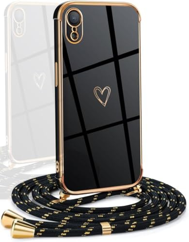 YAMCCCSE Funda para iPhone XR con Cuerda, TPU Suave Silicona diseño de corazón con Chapado en Oro de Lujo, para Mujeres y niñas