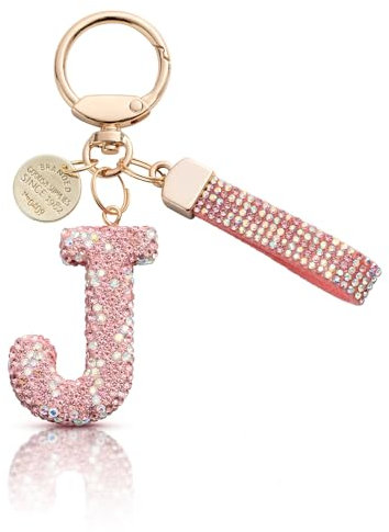 MORSUNBELA Schlüsselanhänger Buchstabe J Glitzer Geschenk Autoschlüsselanhänger Anfangsbuchstabe Strass Schlüsselanhänger mit Buchstaben Keychain Letter für Frauen Damen Mädchen Rosa