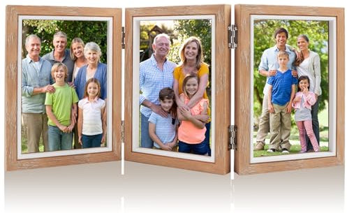 SRunDe Bilderrahmen Collage für 3 Fotos 10x15cm Dreifach Gefalteter Schreibtischrahmen Holzfarbe Familie Freund Geschenk Büro Decoration