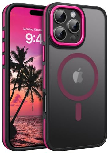 DUEDUE Cover Magnetica per iPhone 16 Pro Max 6.9[Compatibile con MagSafe], Custodia Opaca Nero per iPhone 16 Pro Max Case con Pulsante metallico Ultra-Sottile TPU Silicone Anti-Scivolo, Rosso Rosa