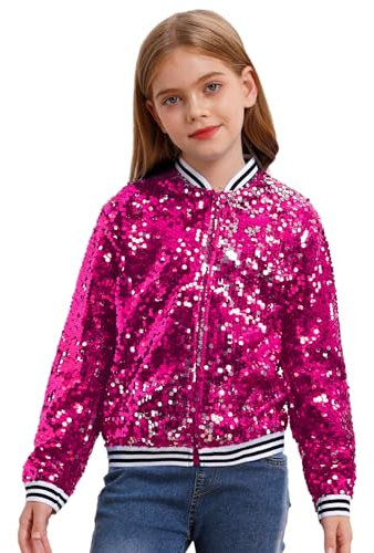 inhzoy Unisex Kinder Glänzende Pailletten Jacke Langarm Glitzer Bomberjacke Mit Reißverschluss Sport Freizeitjacke Streetdance Hip Hop Jacke Hotpink_A 134-140