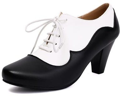 elerhythm Damen Mary Jane 1920er Pump Heels Oxford Classic und Retro Lace Up Two Tones 1950er Vintage Runde geschlossene Zehe 1940er Jahre Schuhe (Schwarz EU40)