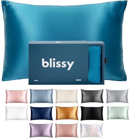 Blissy Silk Pillowcase - 100% Pure Mulberry Silk - 22 Momme 6A High-Grade Fibers - Silk Pillow Cover for Hair & Skin - Regular, Queen & King (Aqua, Standard)
