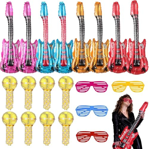 20Pcs Inflatable Guitar, Inflatable Party Props, Blow Up Guitar with Inflatable Microphone shutter shading glasses, Inflatable Musical Instruments Ballons for 70s 80s Disco Party Birthday Decoration