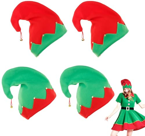 HSMHLYYB Weihnachten Elfe Mütze, 4 Stück Weihnachtselfen Hut Elfenmützen Weihnachtself Mütze Elfenmütze Erwachsene Kinder Weihnachtselfen Hut Lustige Weihnachtsmützen für Weihnachten Karneval Party
